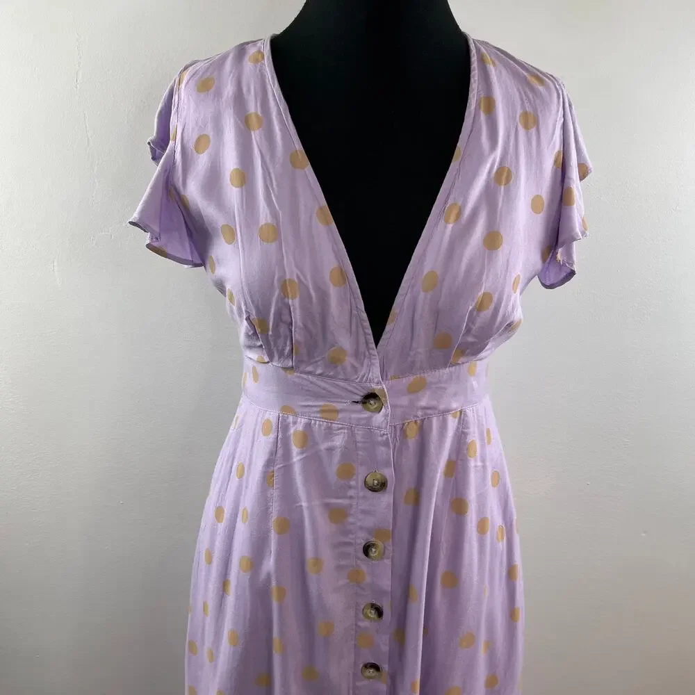 L Space Jordan Polka Dot V-Neck Flutter Sleeve Button-Front Dress Lilac Purple S - Picture 4 of 9